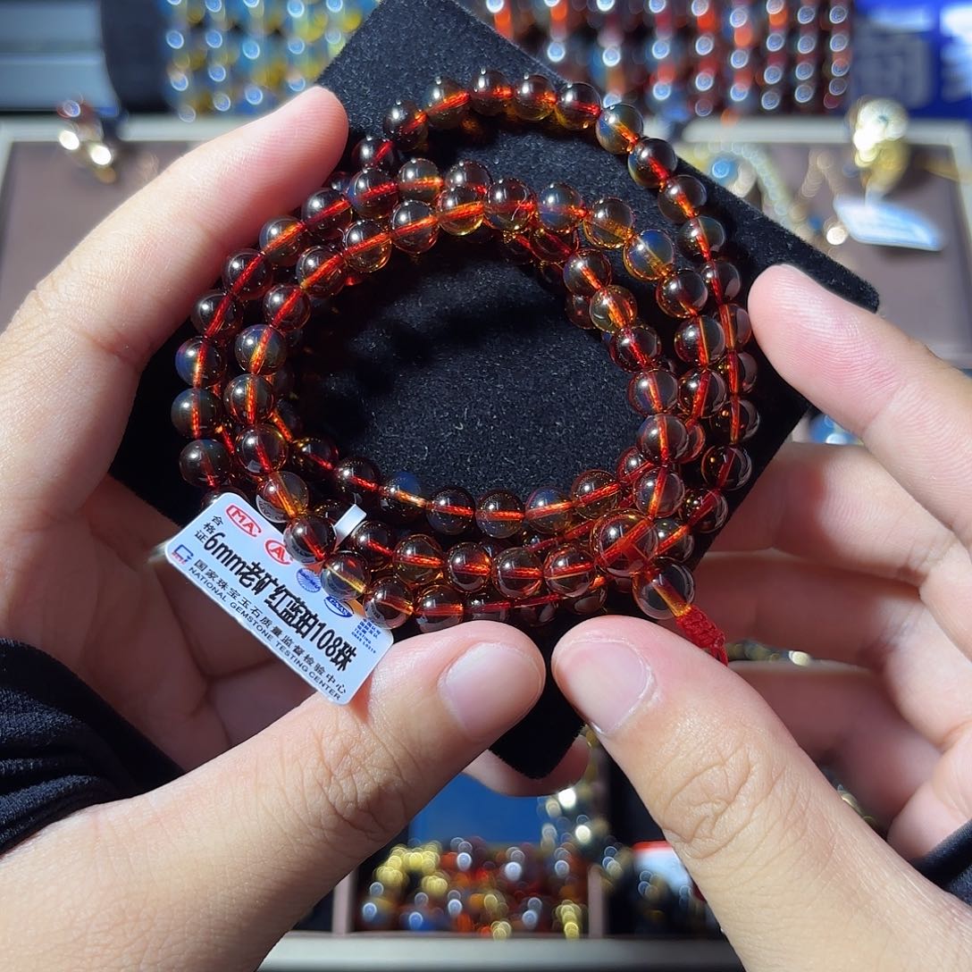 未镶嵌琥珀裸石6mm红蓝108佛珠