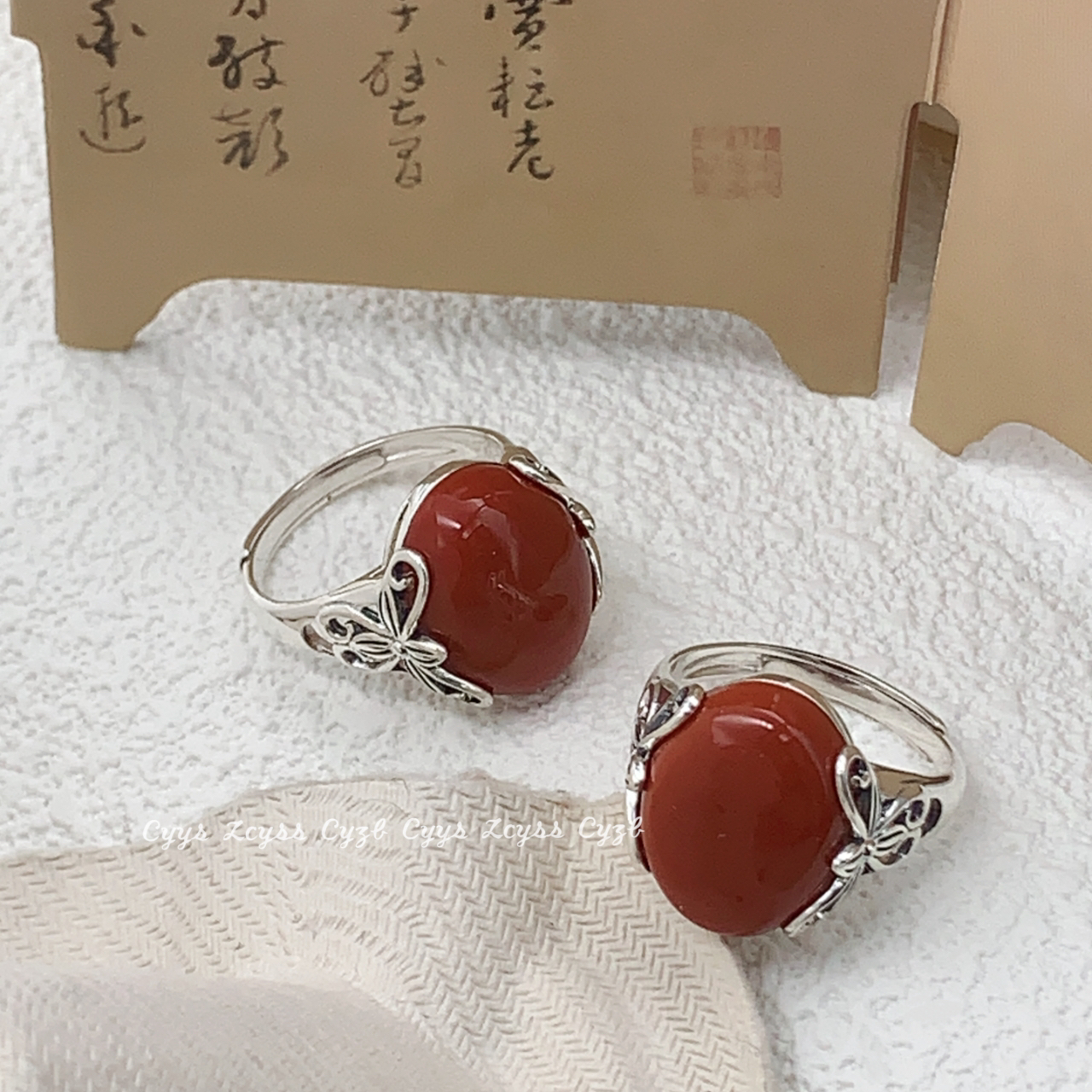 s925银镶嵌南红玛瑙椭圆戒面新中式民族风