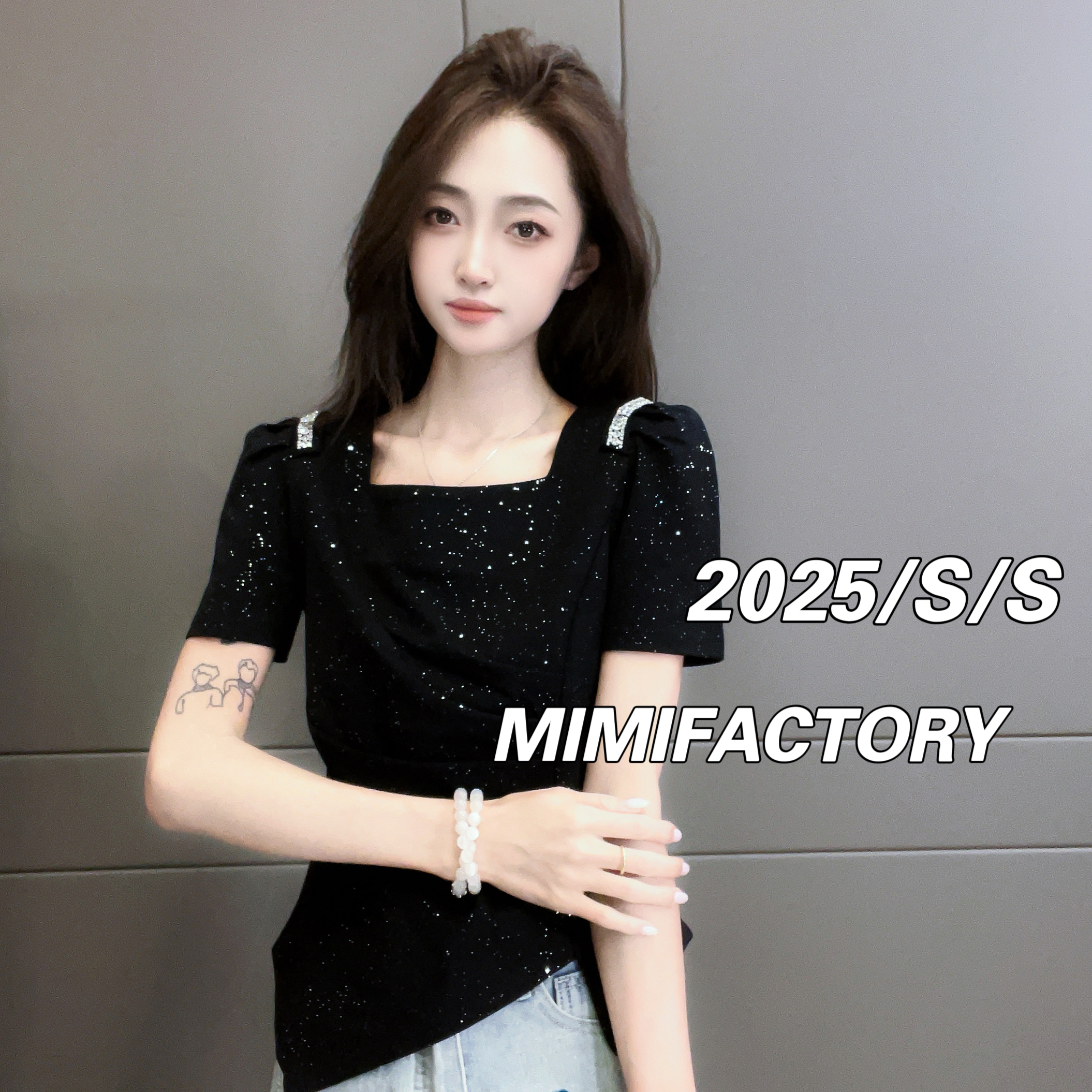 芈芈 2025夏新款方格领满天星设计感短袖T恤女修身显瘦上衣#4517