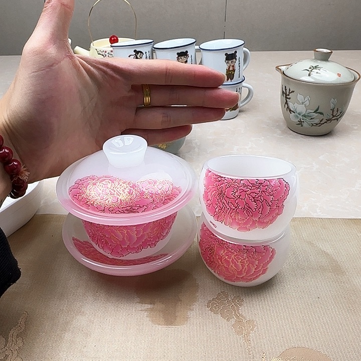玉白牡丹琉璃盖碗+2杯