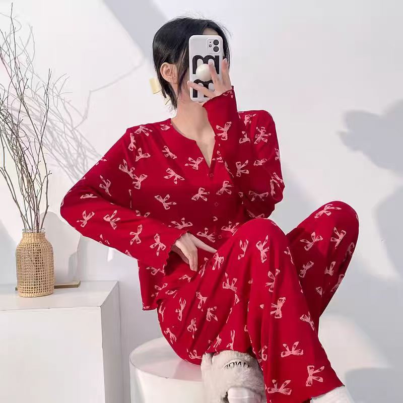 【高定蝴蝶结】新年红色仙女纯棉秋冬女睡衣套装YS家居服