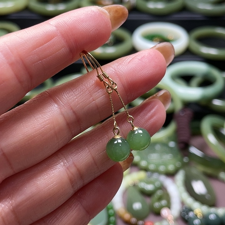 和田玉（碧玉）银S925镶嵌耳饰