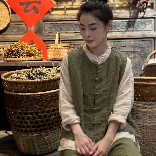 纯衣不染/秋季新款「云夙」加厚砂洗亚麻盘扣开衫马甲