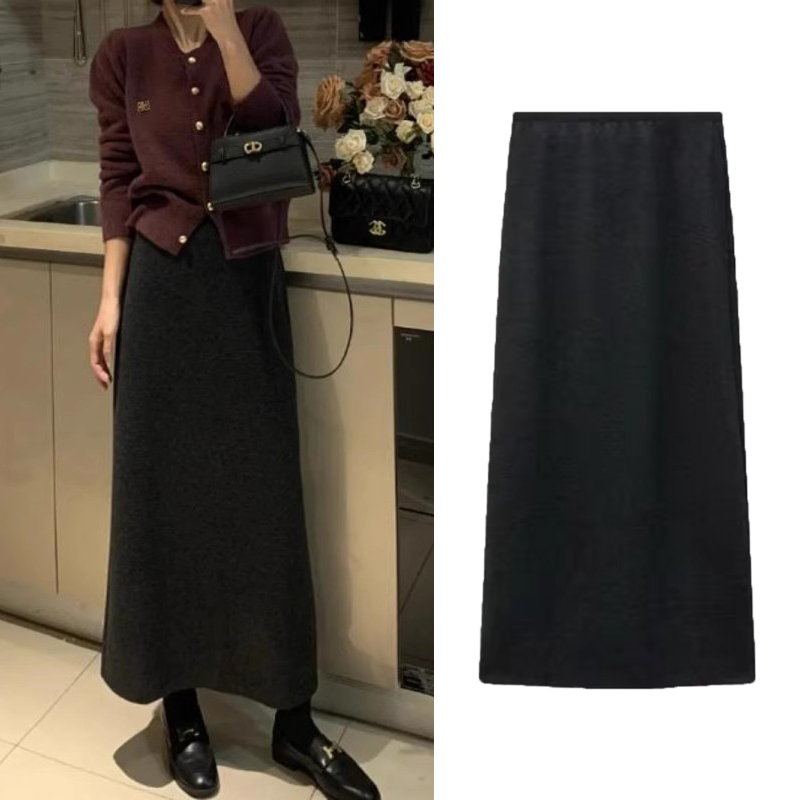直筒2025秋冬醋酸绵羊毛加厚毛呢半身裙女气质百搭后开叉高腰显瘦