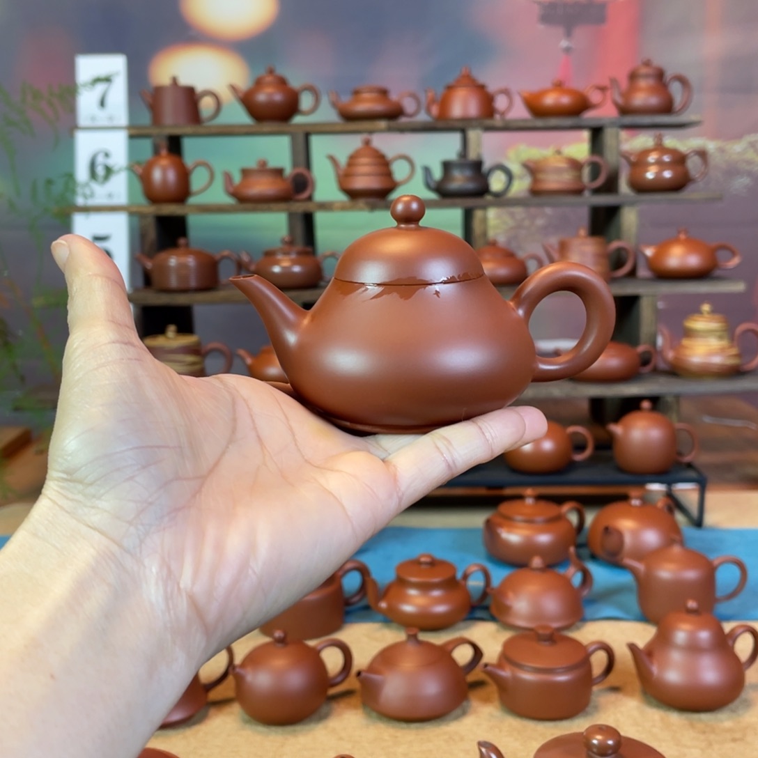 茶壶紫砂博****）潮州手工手拉朱泥梨壶