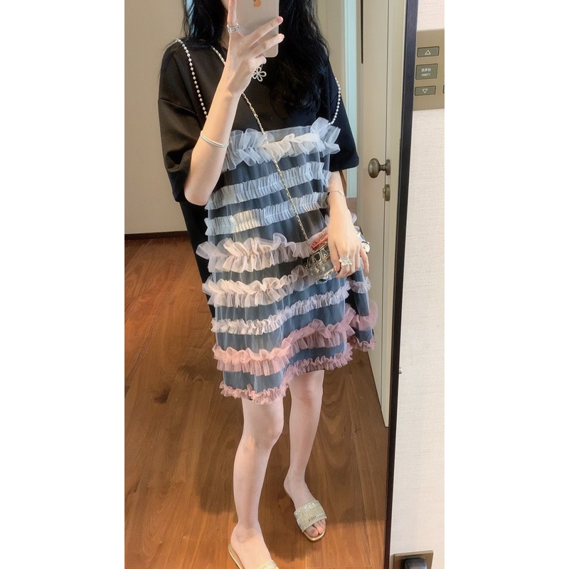 【张静芝】层层渐变木耳网纱花边连衣裙