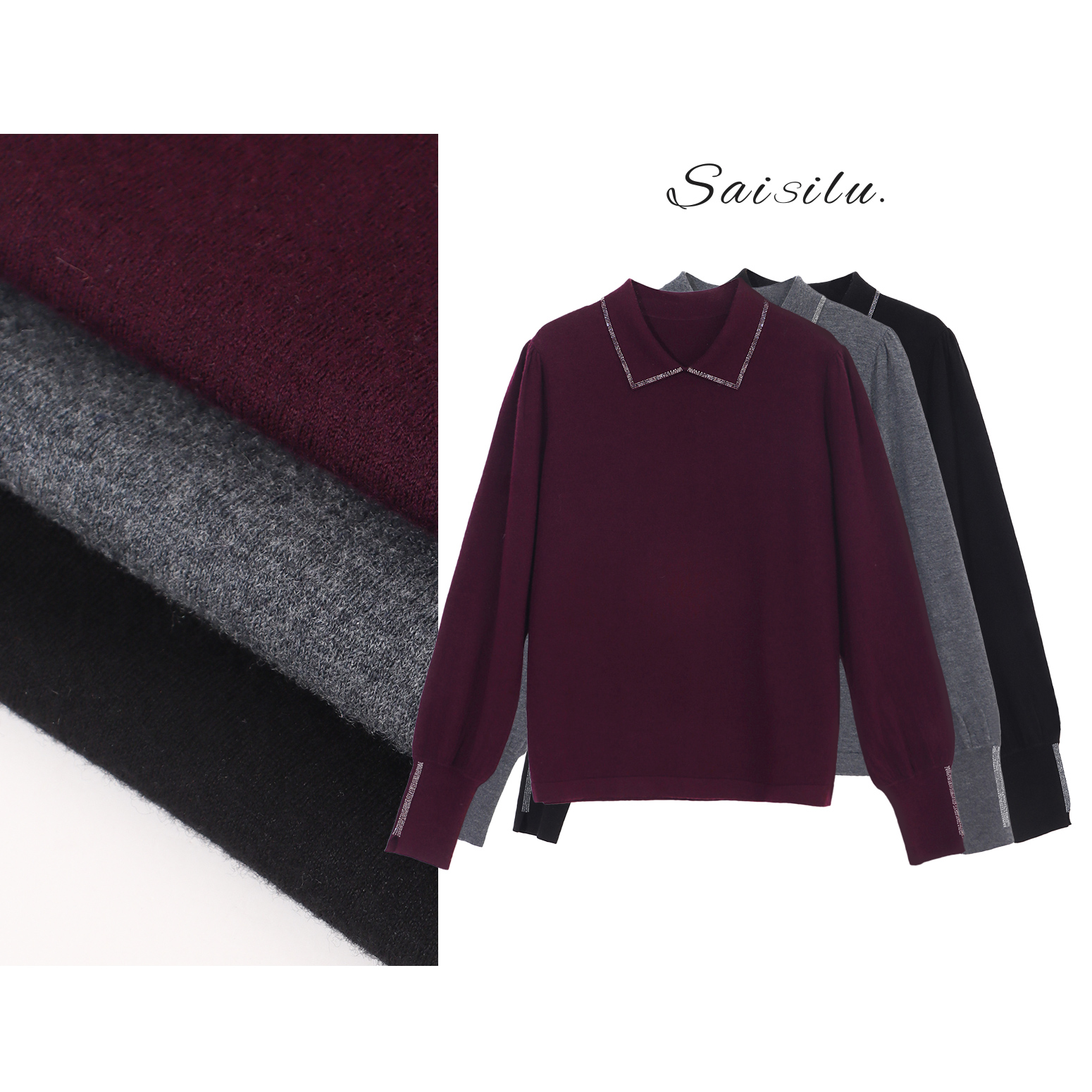 【清雅气场】100%羊毛高级感重工娃娃领烫钻时尚针织衫#87660