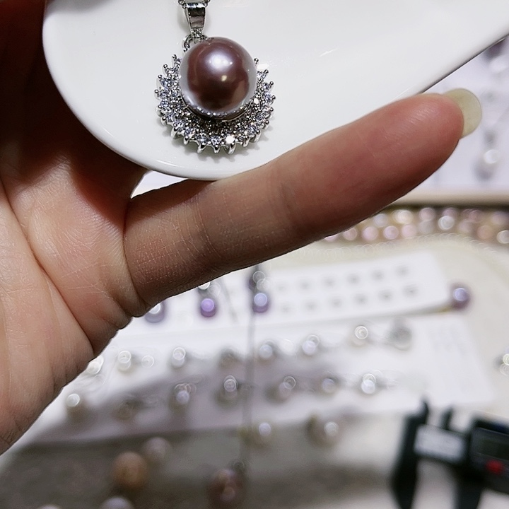 淡水珍珠紫珠银色太阳花吊坠银S925镶嵌