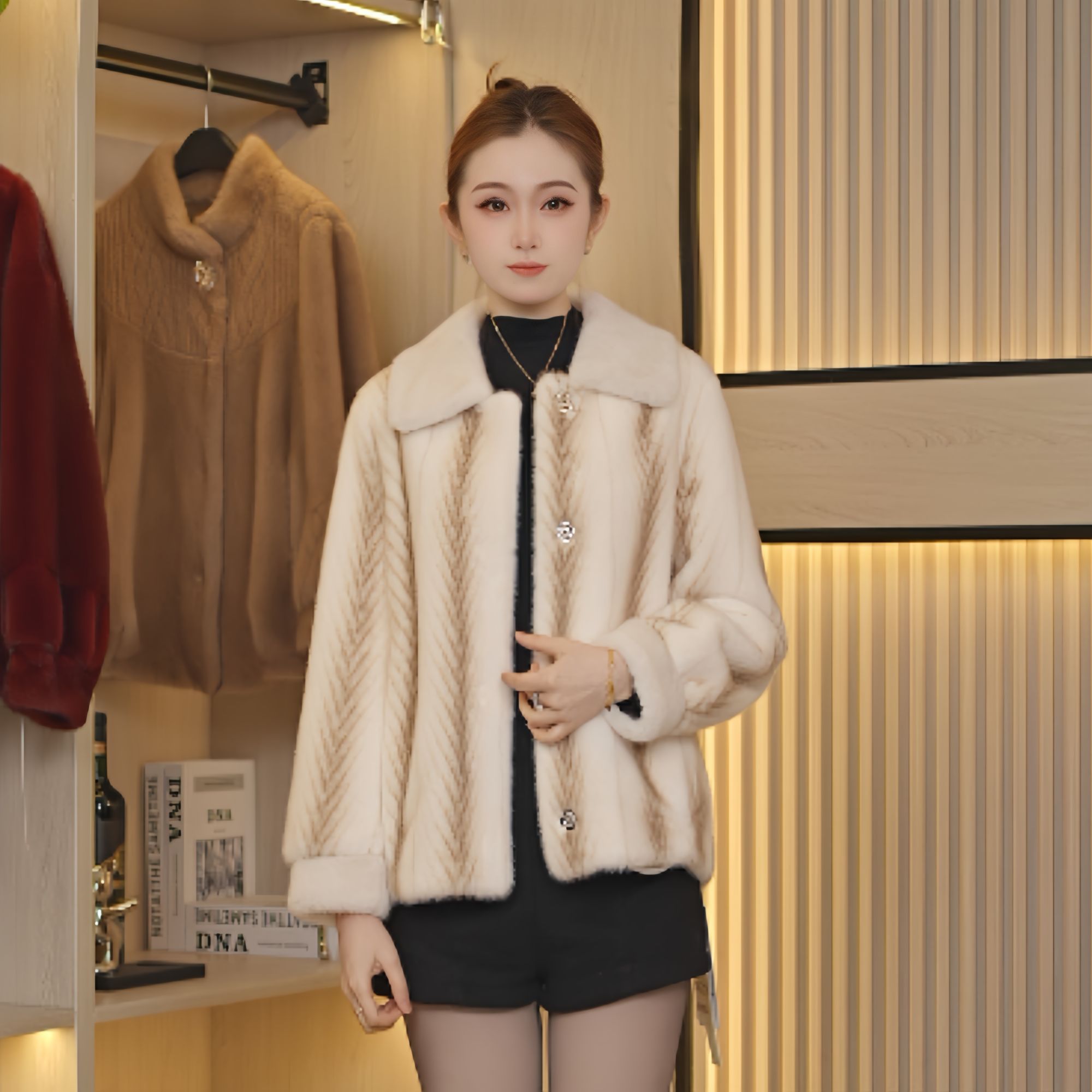 条纹百搭小翻领气质小香风时尚女士冬款外套9592-