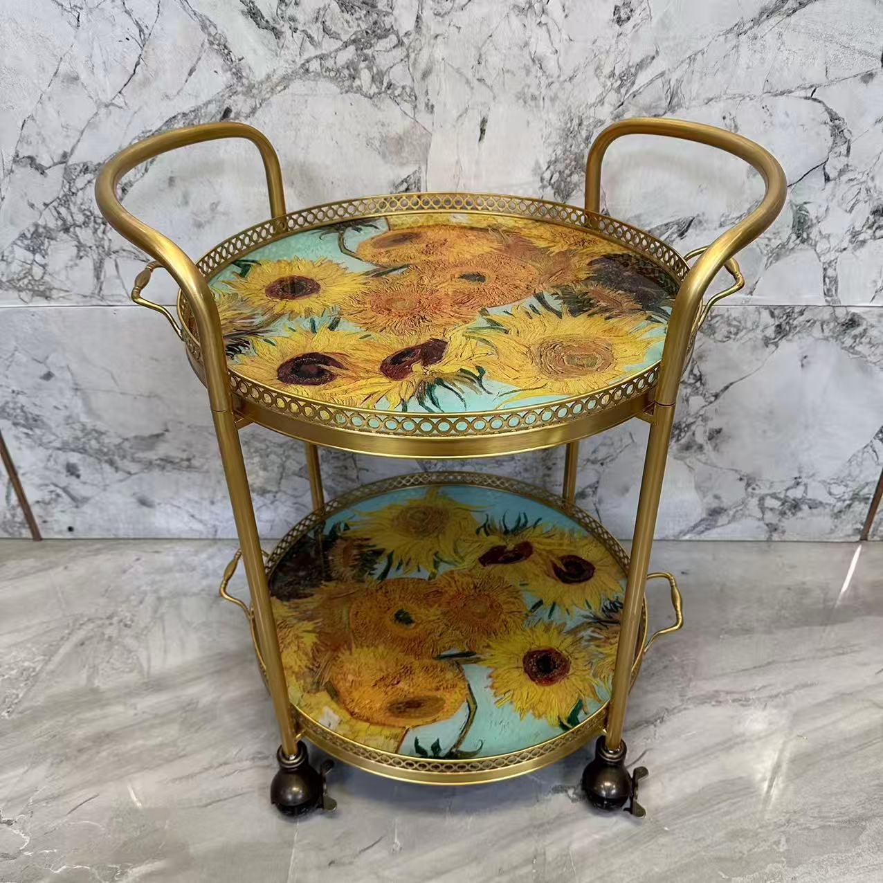 博瑞奇复古黄铜二层茶几客厅可移动推车向日葵边几  09753