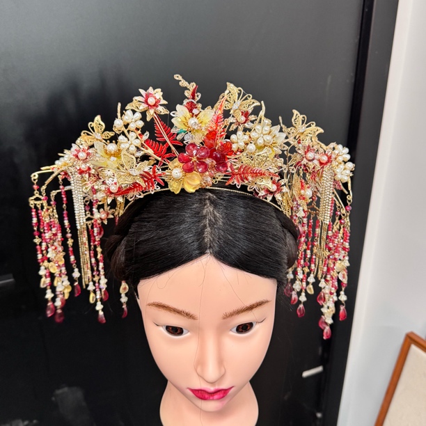 14709新中式红金色打去新娘秀禾凤冠头饰