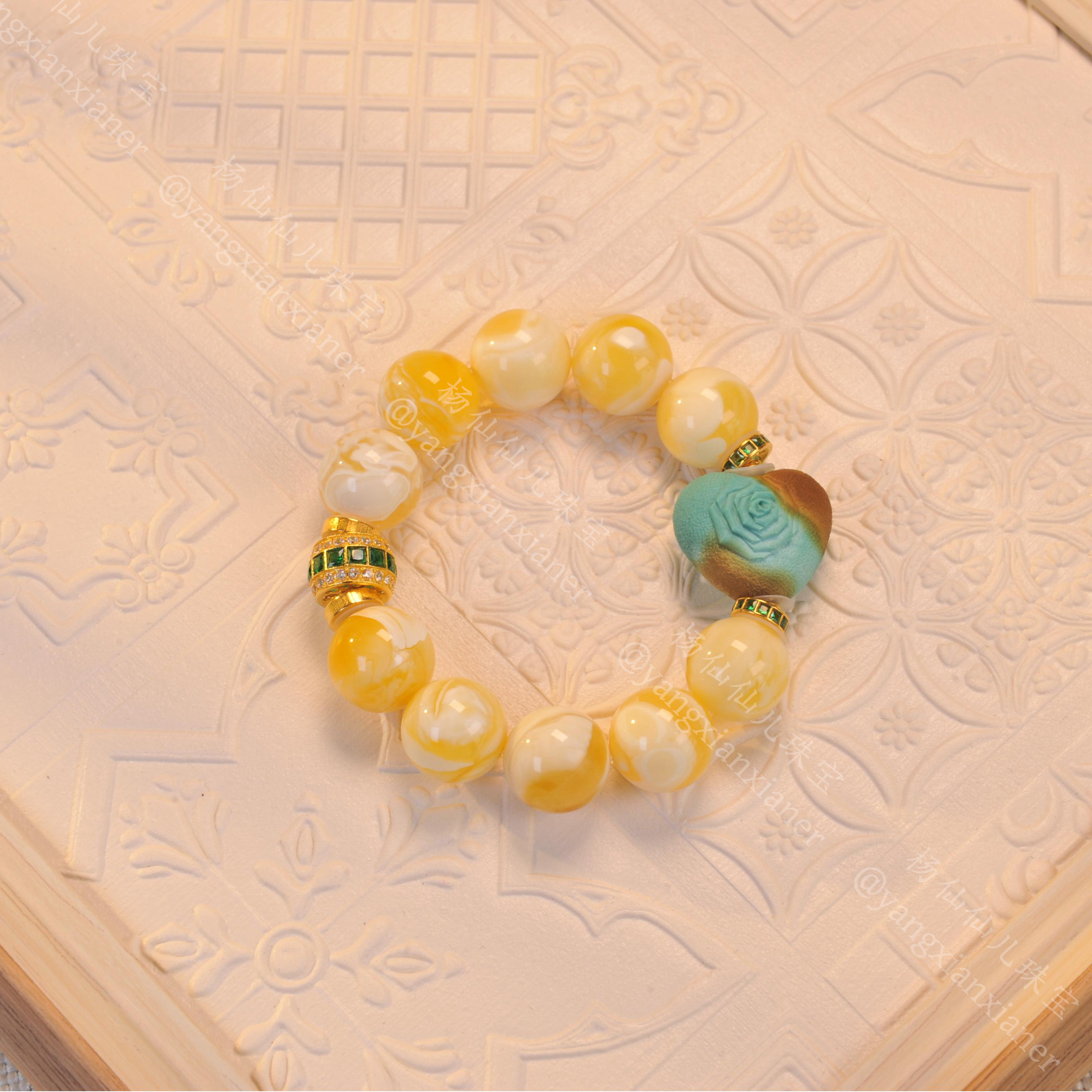 【杨仙仙珠宝】18K厚金镶嵌蜜蜡（14mm）多宝手串-3176