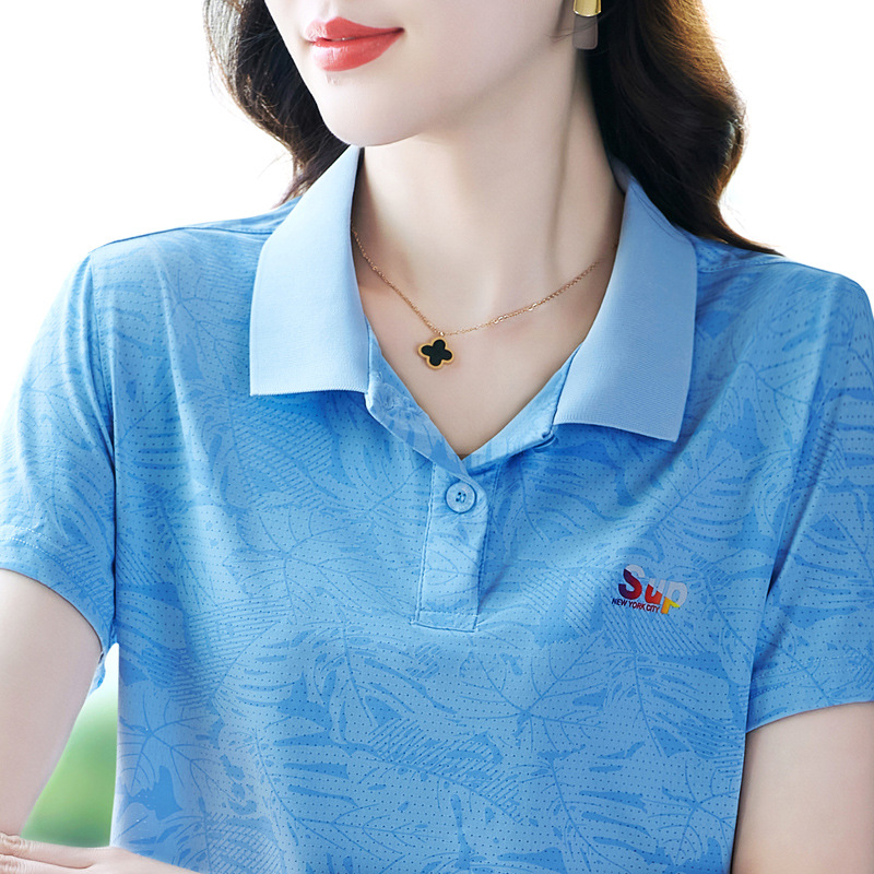 808蓝色春夏新款百搭短袖t恤女翻领Polo衫洋气休闲时尚运动上衣