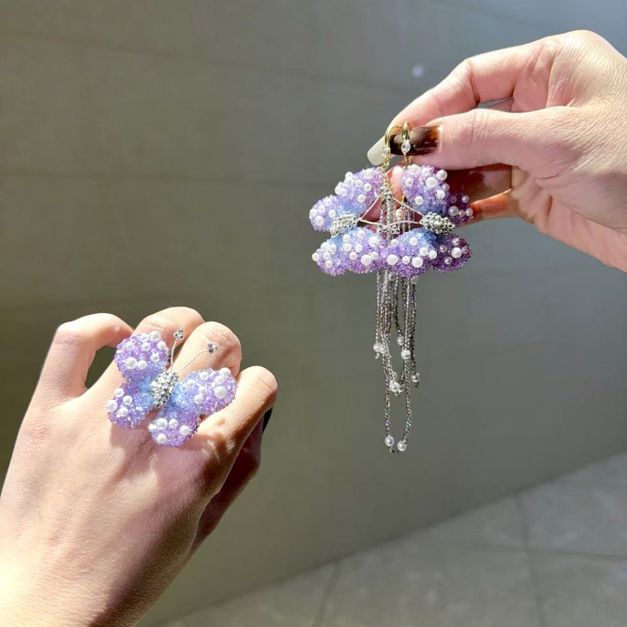 非金属合成锆石耳饰 【莫奈海之星】紫色贝珠系列耳饰戒指高奢设计