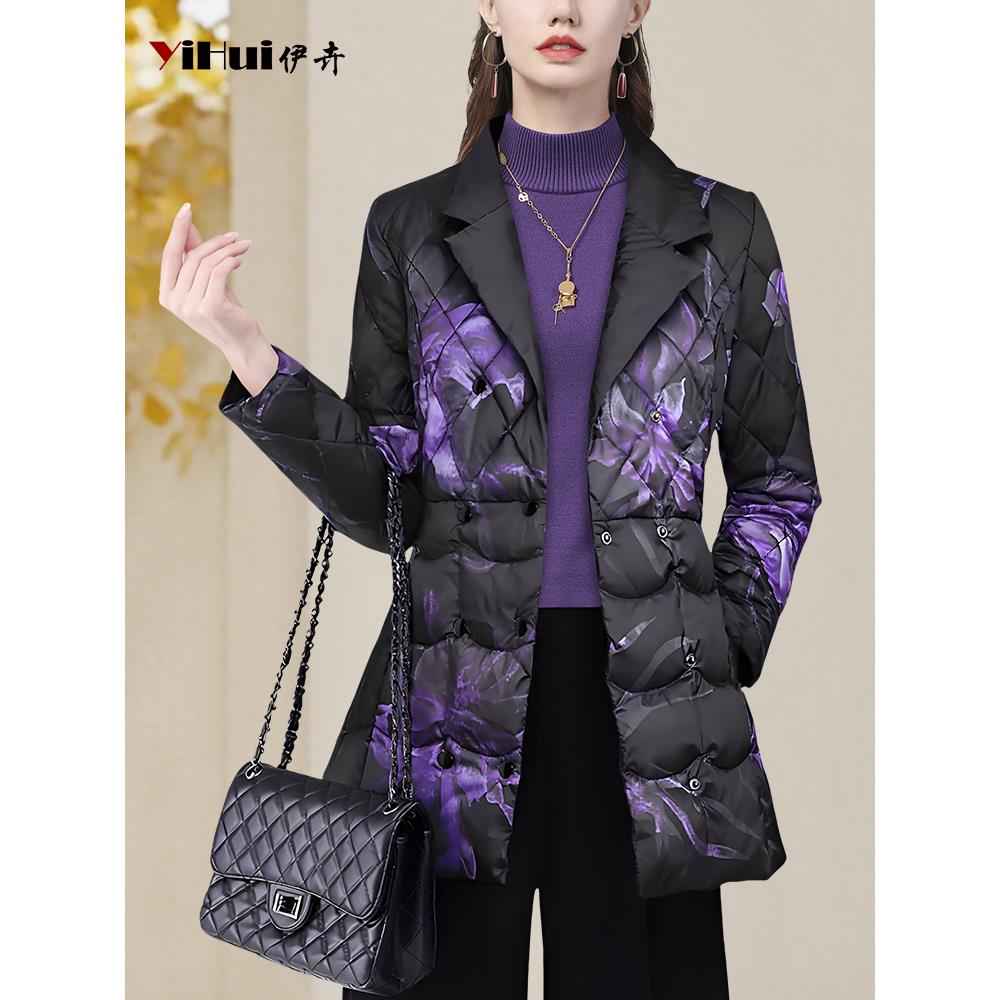 YIHUI伊卉西装领紫花色白鸭绒羽绒服女冬新款时尚中长款WJ257705
