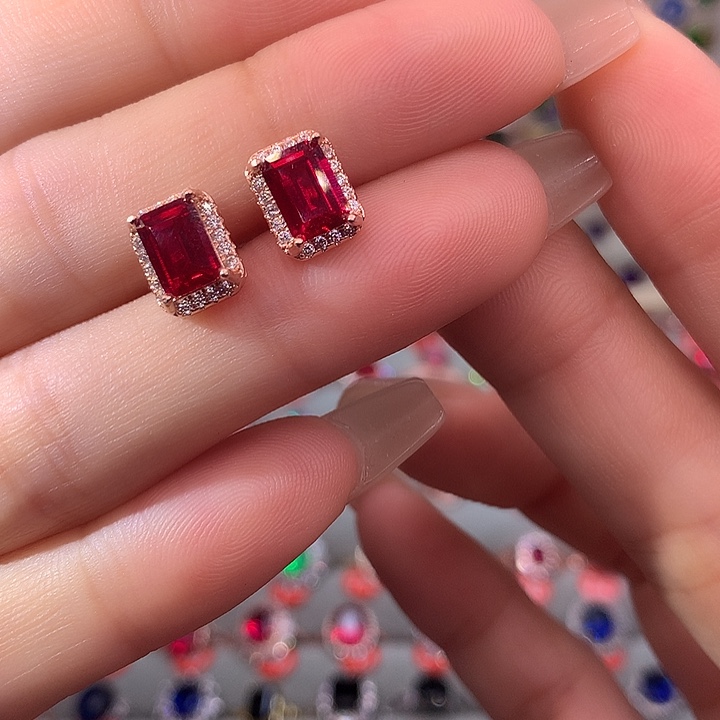 红宝石耳饰银S925镶嵌