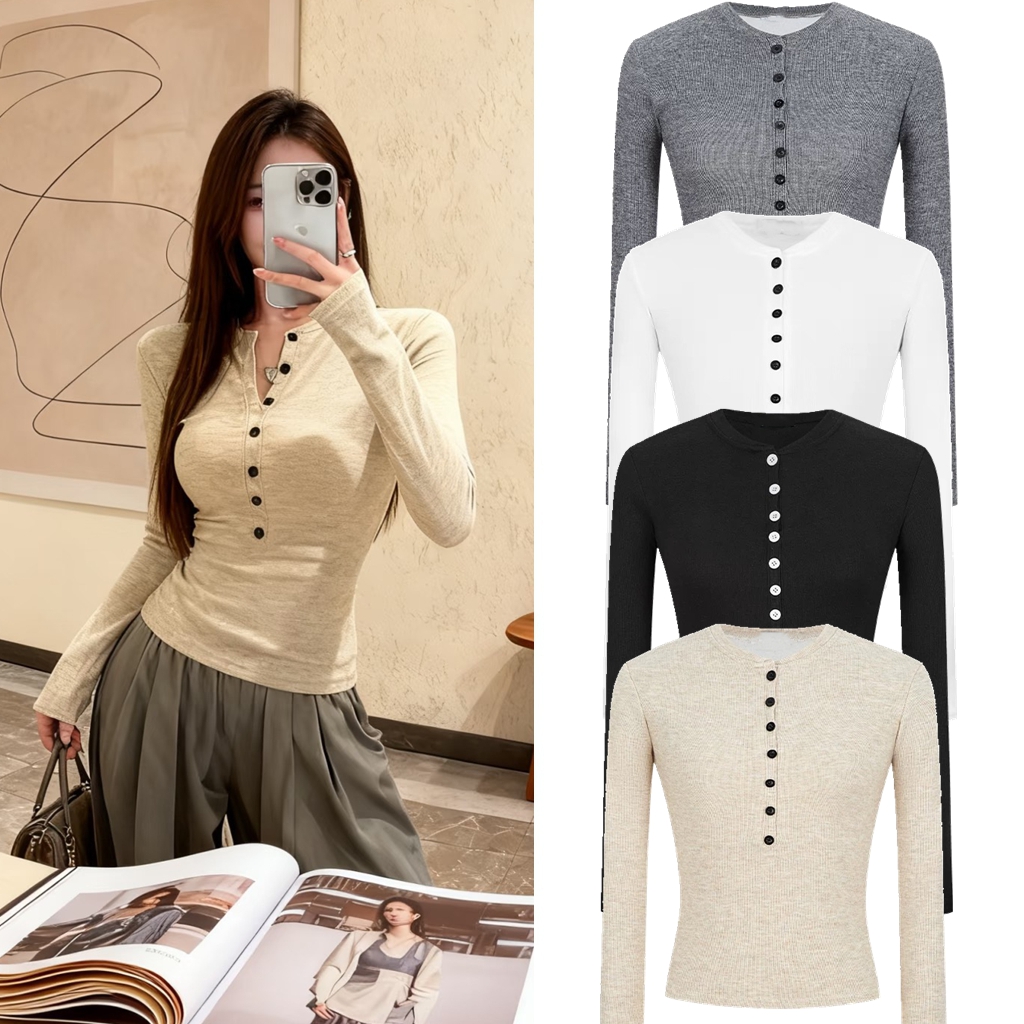 Fugxx长袖极简辣妹风半开领纯色长袖T恤女修身针织气质打底衫加厚