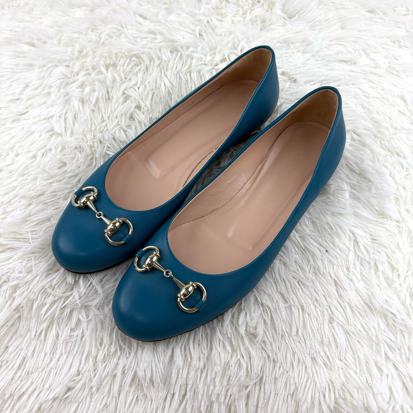 99新 GUCCI/古驰 蓝色马衔扣平底单鞋38码14287728