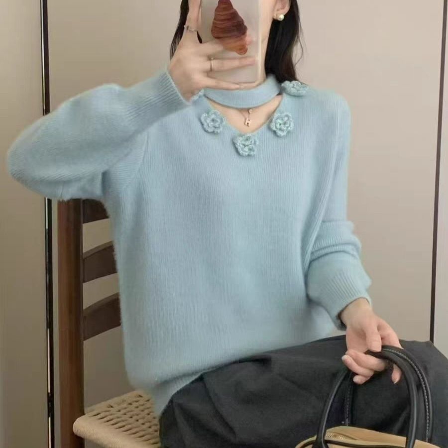 温柔风立体花朵V领毛衣女秋冬2025新款宽松减龄针织打底衫高级感