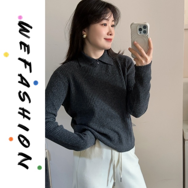 【WE】100绵羊毛--简约纯色翻领长袖羊毛针织衫