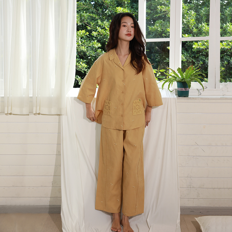 朵朵可可睡衣女2026春夏季翻领全棉七分袖宽松简约家居服套装172