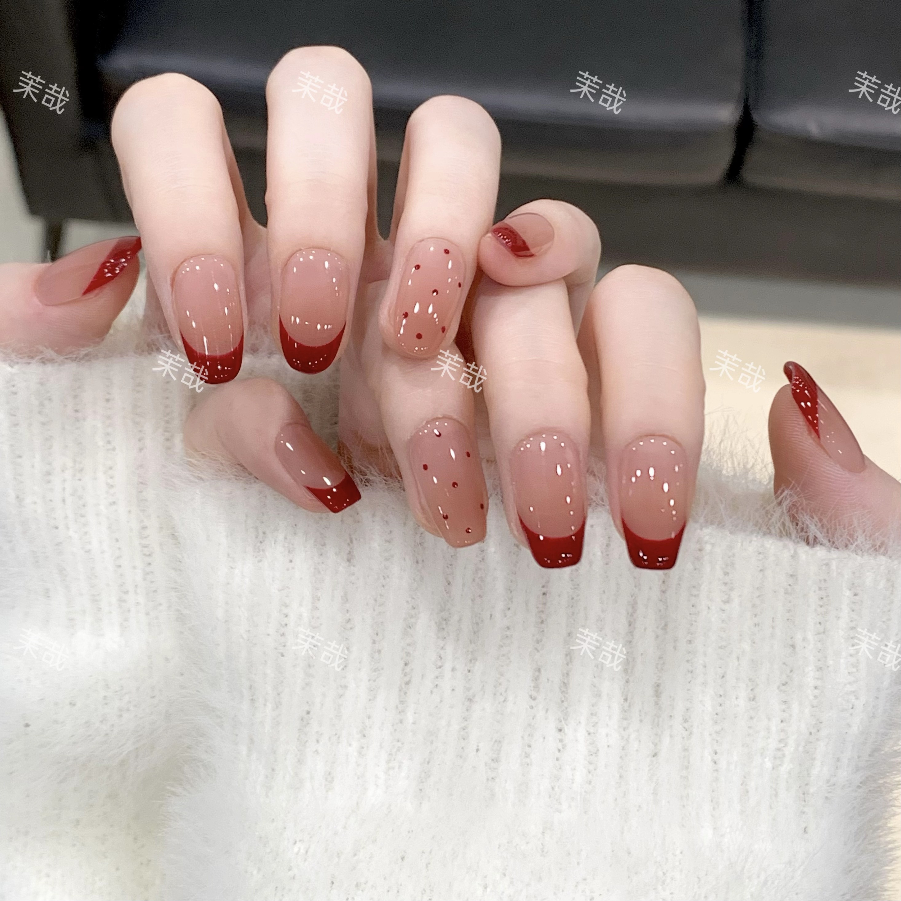 茉哉现货【红法式】纯手工定制美甲拆卸穿戴甲P0018