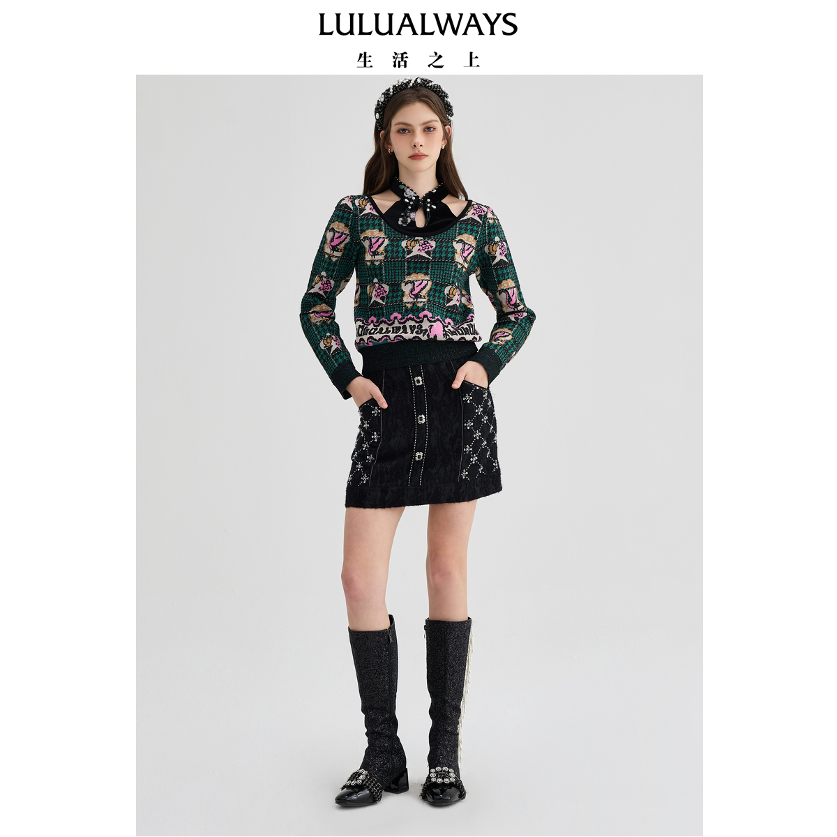 LULUALWAYS【商场同款】24冬季新款改良新中式轻熟风套头针织衫女