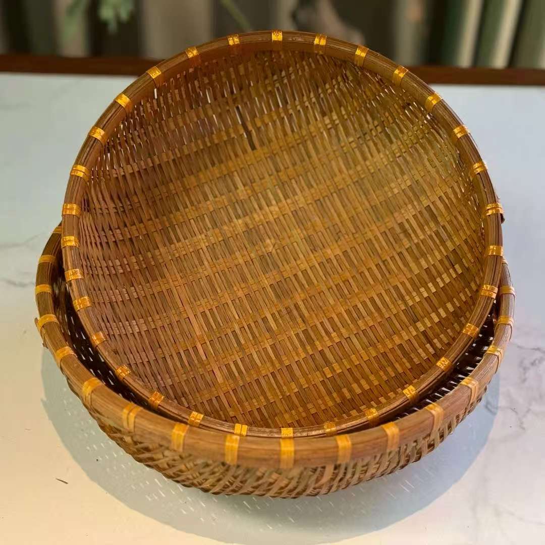 (25+28竹青密边)公分二个手工烟熏圆形无孔馒头筐家用竹编置物篮