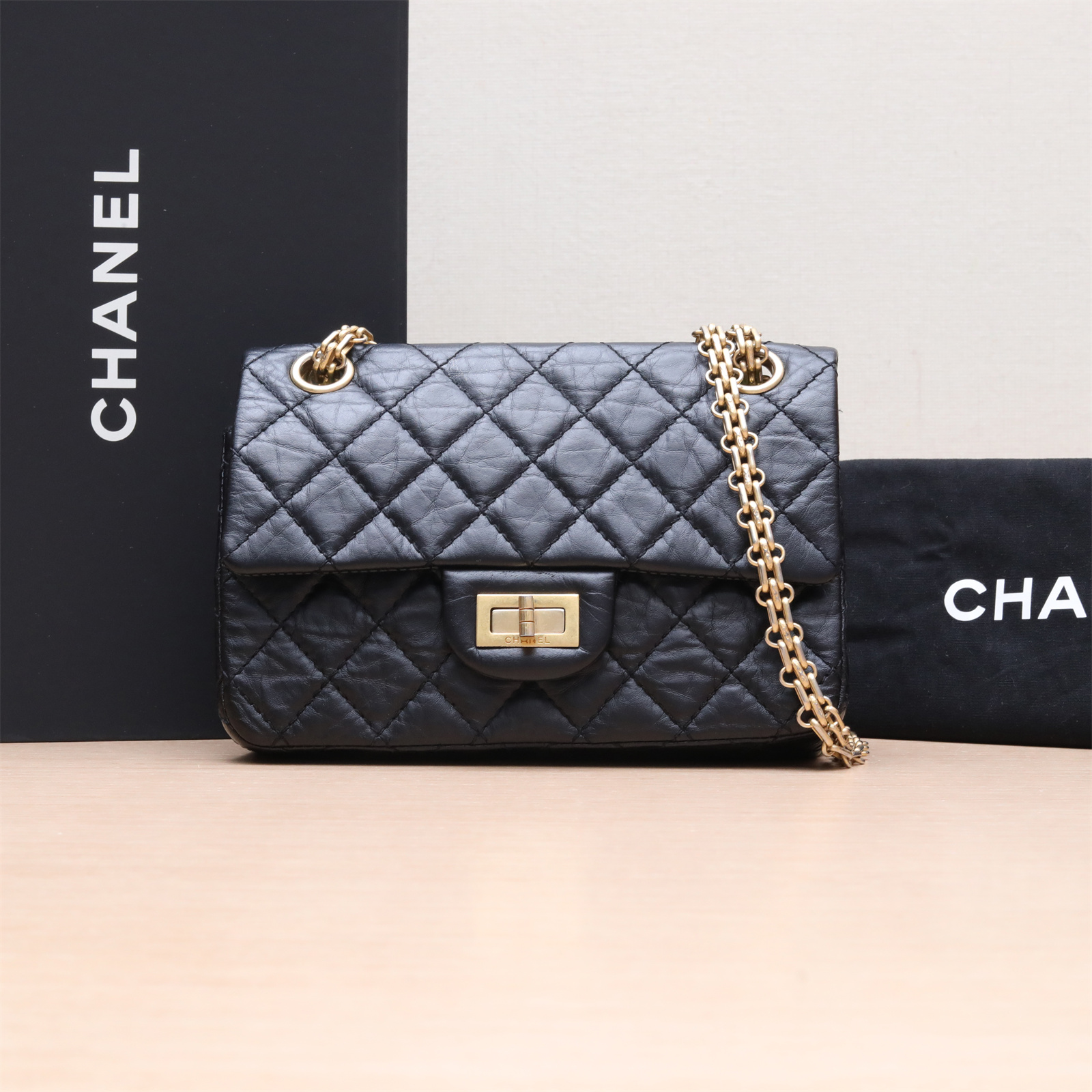 95新 Chanel/香奈儿 【小花Han】2.55 口盖包 黑色芯片开 金扣