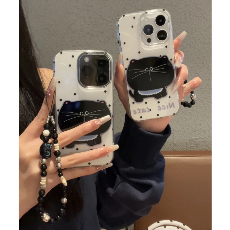 大脸波点黑猫适用iPhone16大孔手机壳华为vivo小米15oppo套ins