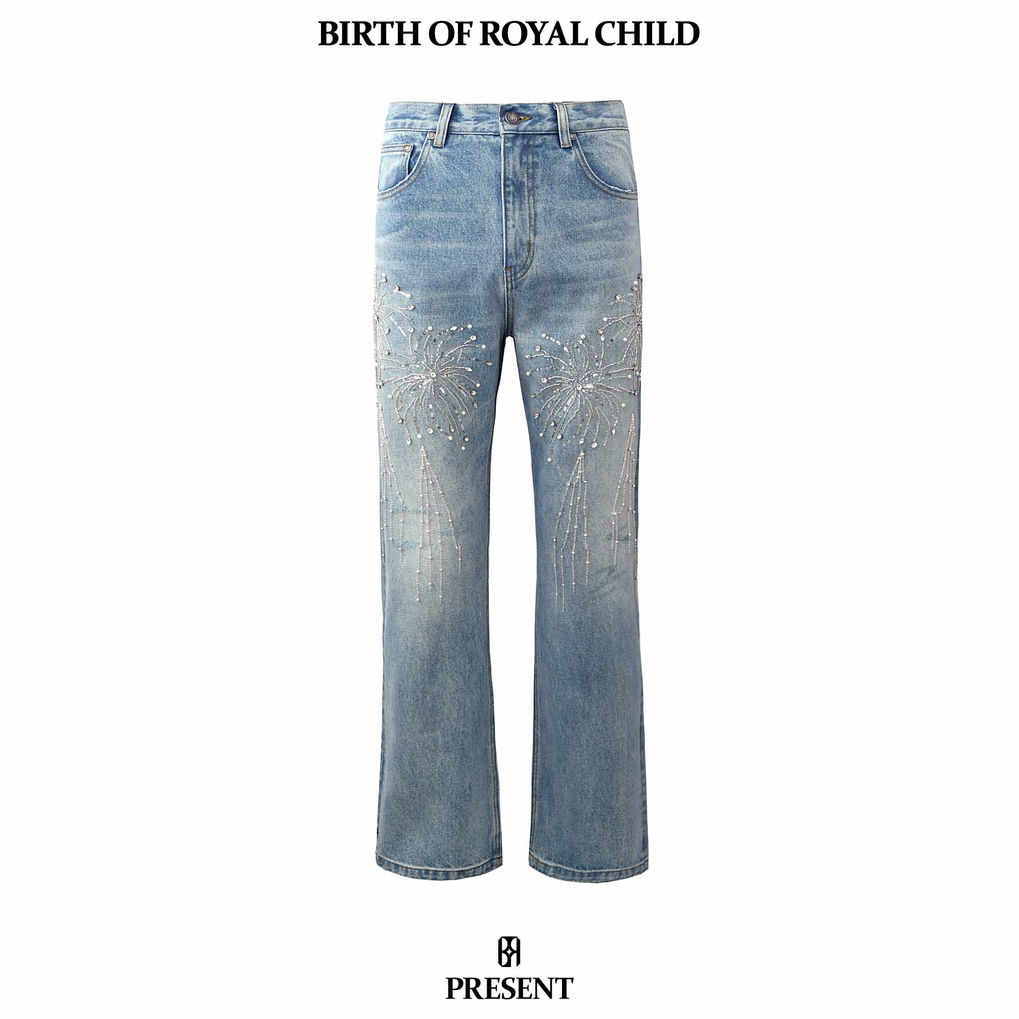 BIRTH OF ROYAL CHILD BORC 珍珠链烟花水洗牛仔裤直筒微喇