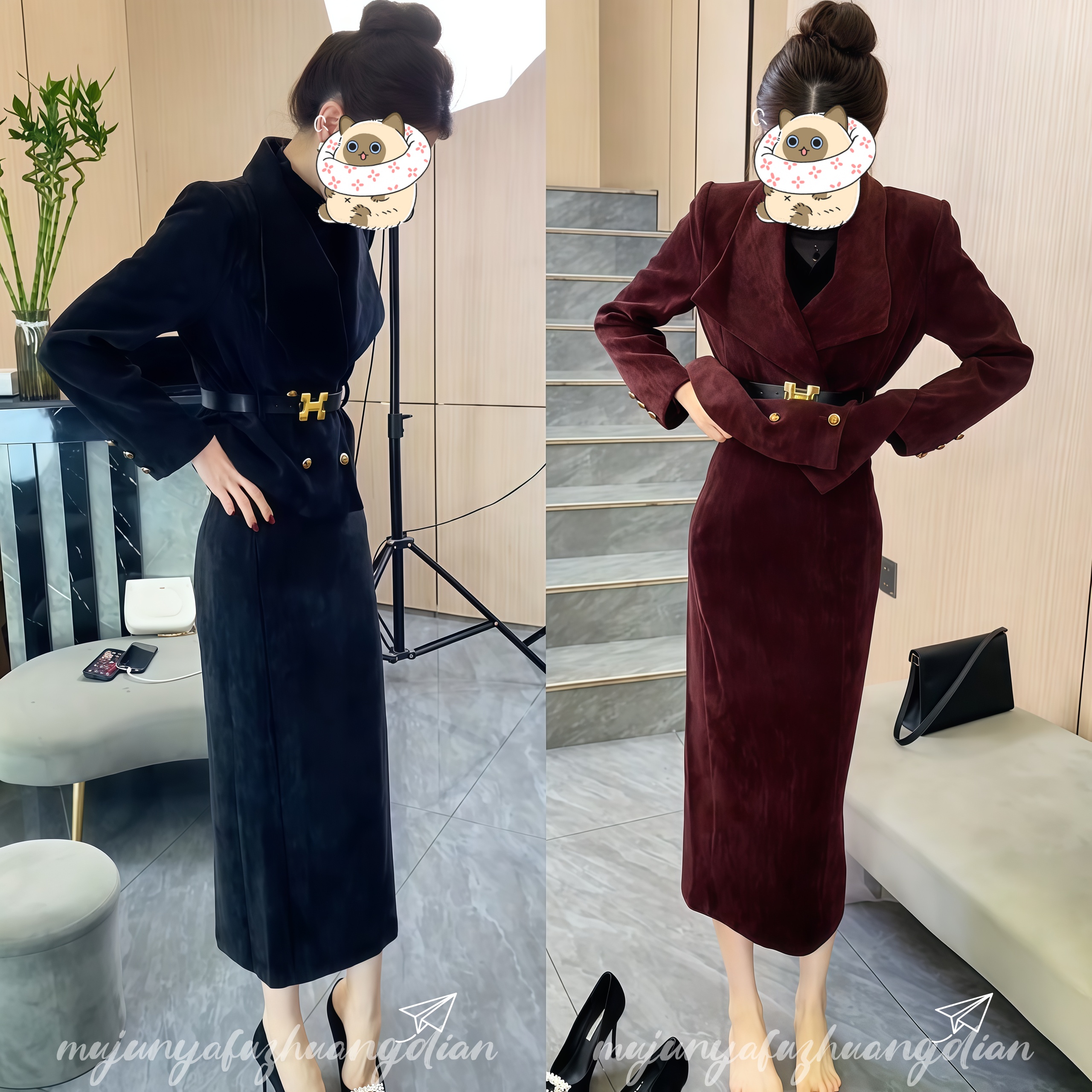 法式时尚套装复古冬季网红西装长裙修身ol长袖气质