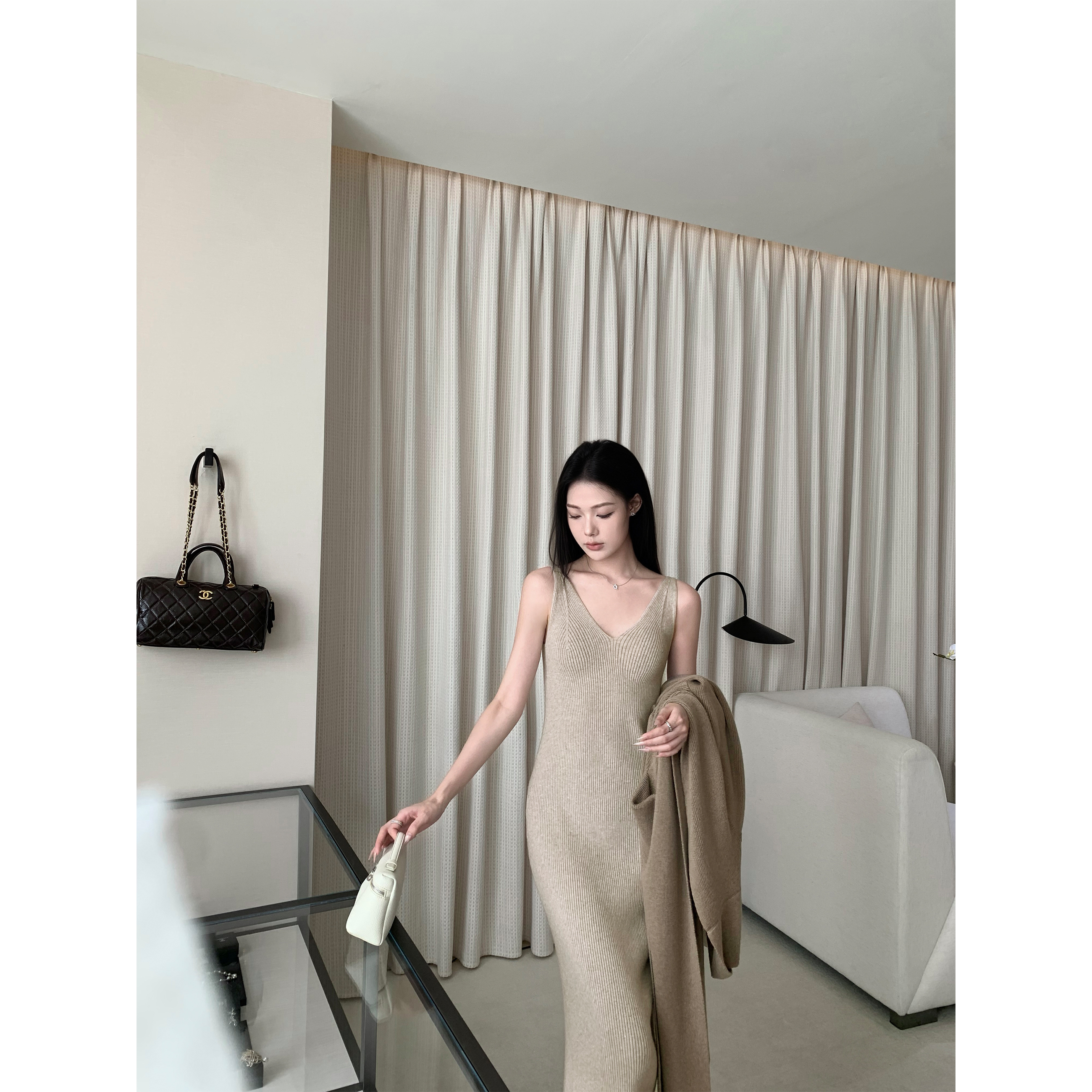 5werkwen 松弛不费力 羔羊绒浴袍开衫/v领背心连衣裙套组42-80