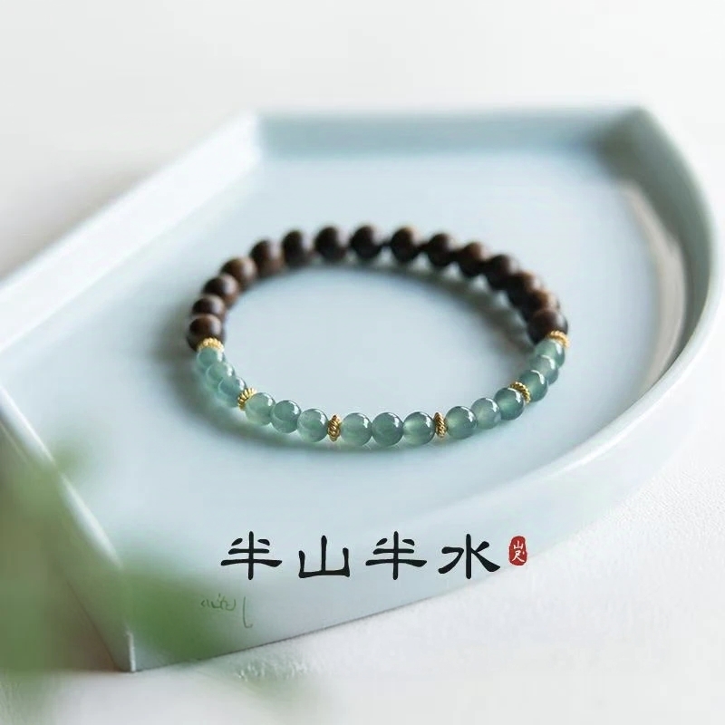 《半山半水》文莱沉香6mm+蓝水 翡翠5mm 单圈手串【款号350*】