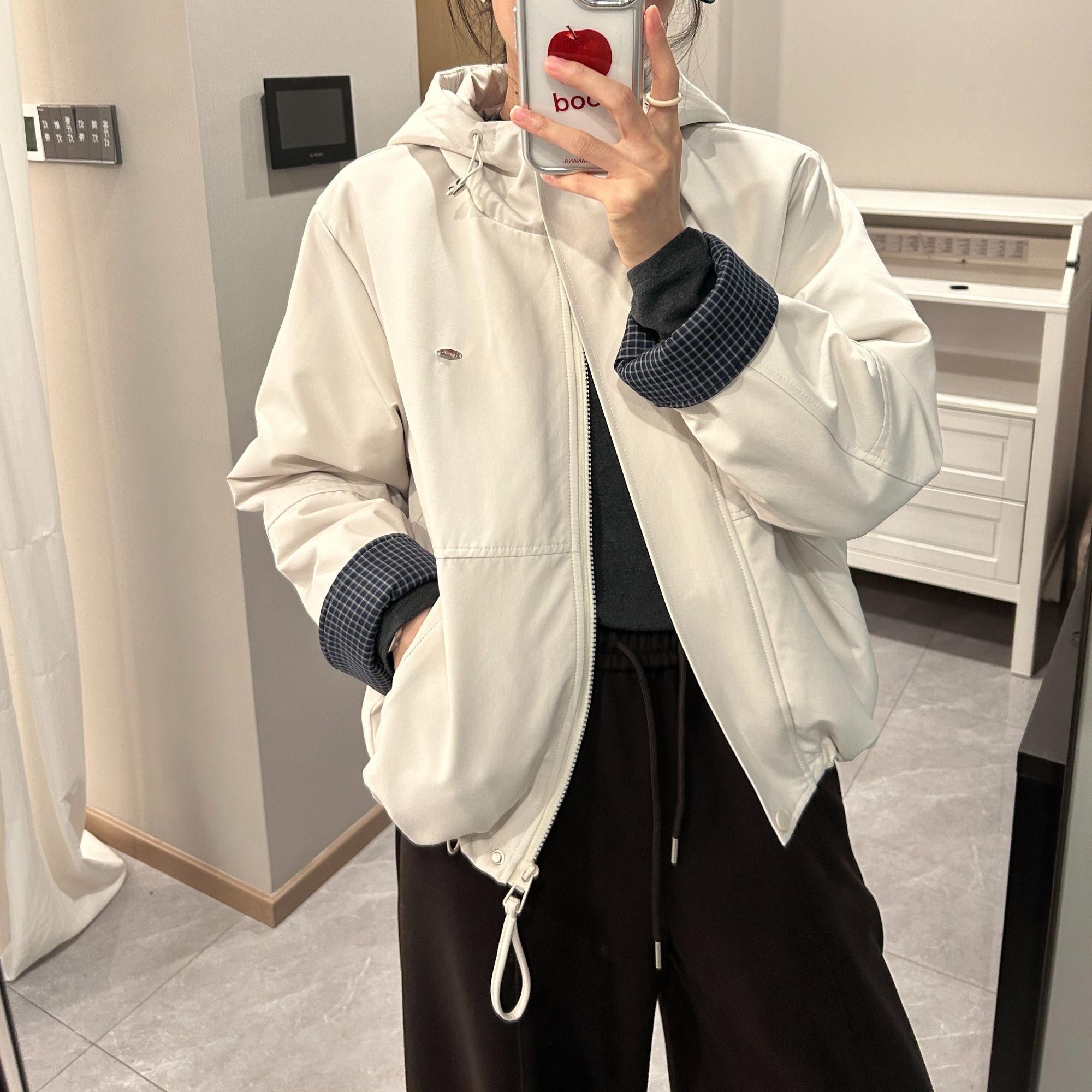 「设计感格子翻袖」内里菱格绗棉加厚连帽棉服冬季宽松百搭棉衣H639