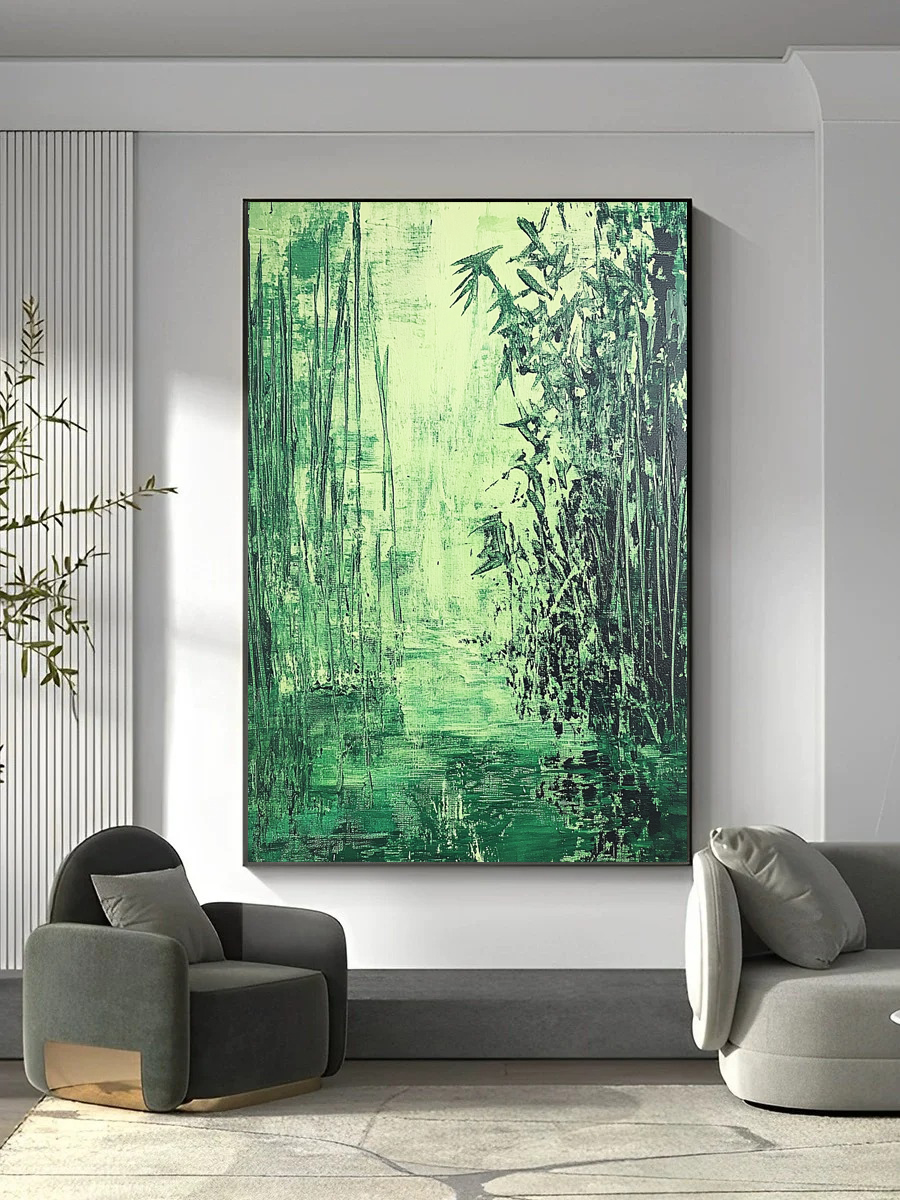 原木风绿色谧境轻奢抽象高级感客厅玄关餐厅手工油画砂岩装饰画