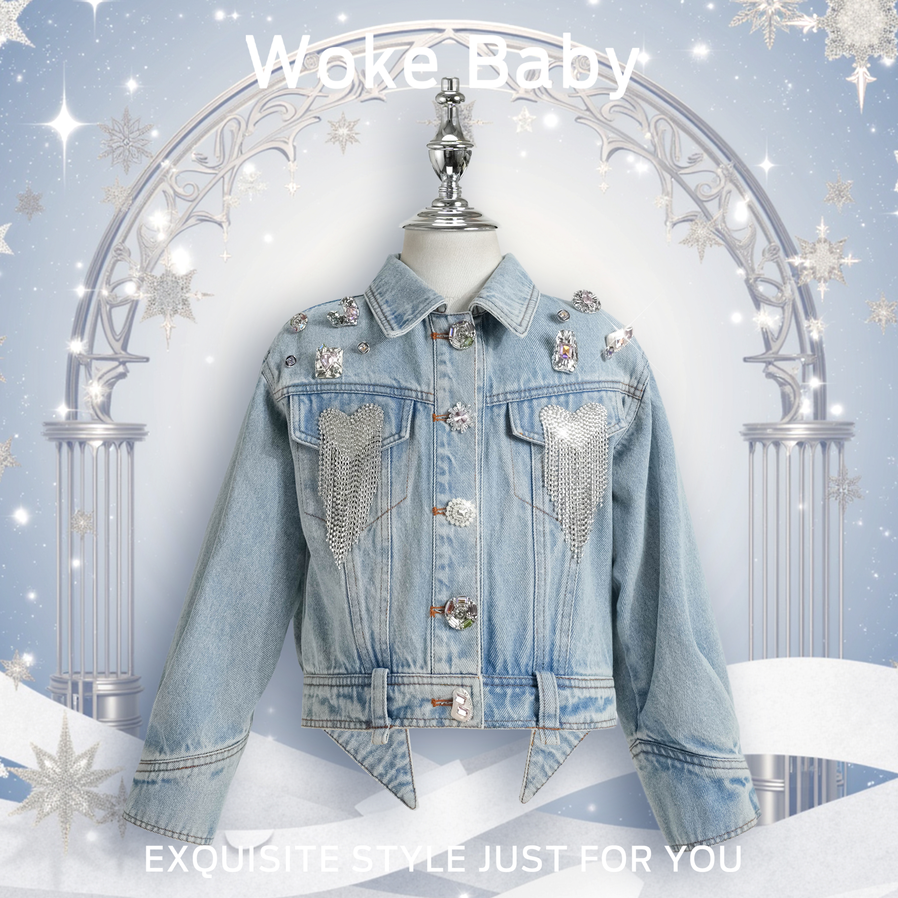 现货【银河因我闪耀】女童牛仔外套秋季蓝色洗水钉珠夹克汉服A5771