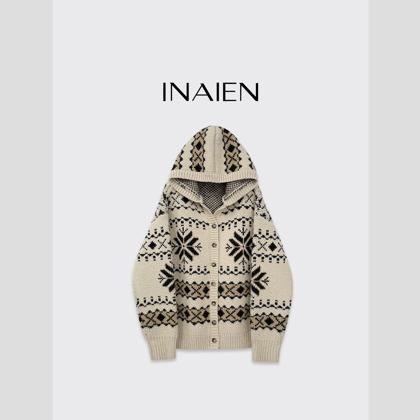 INAIEN【穿搭指南】羊毛连帽费尔岛罗纹收边厚实防风慵懒外套Q6670