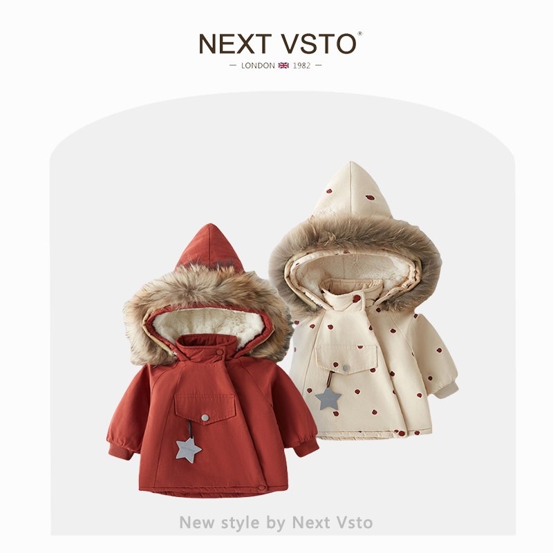 英国NEXT VSTO女童加绒棉服冬季洋气儿童加厚大毛领保暖棉袄外套
