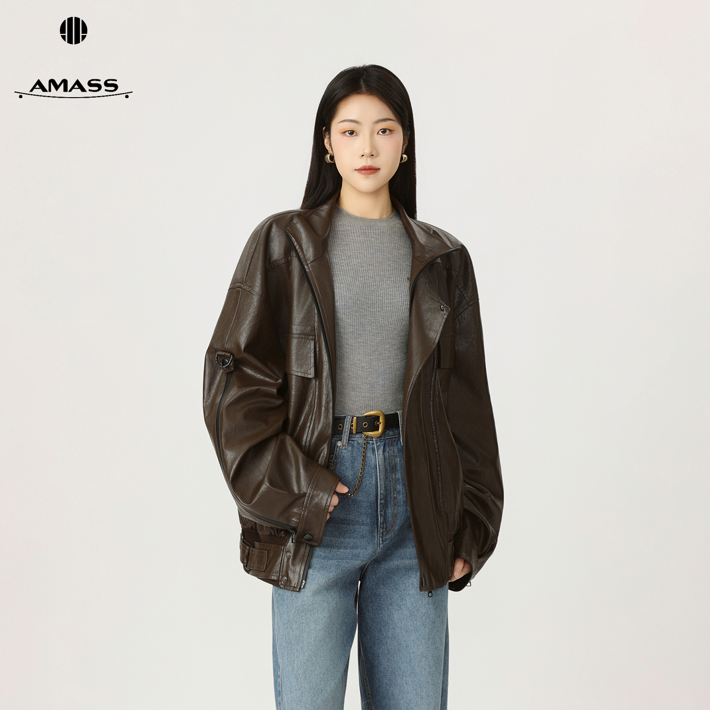 AMASS/阿玛施新款流光风质感复古外套收腰时尚小众气质皮衣540091