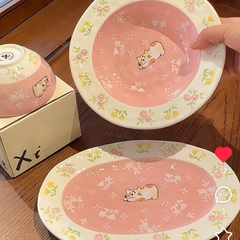 大美陶瓷 | 手绘小懒猫咪碗碟高温瓷釉下彩家用高颜值轻奢餐碗套