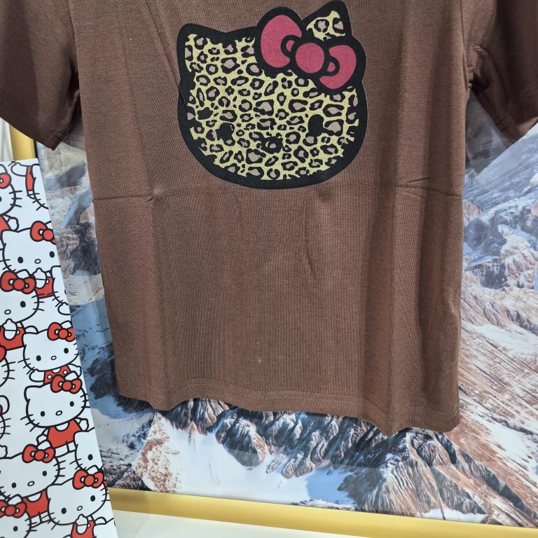 韩国东大门新款豹纹Hello Kitty短袖T恤棕色复古风搭配可爱H6649