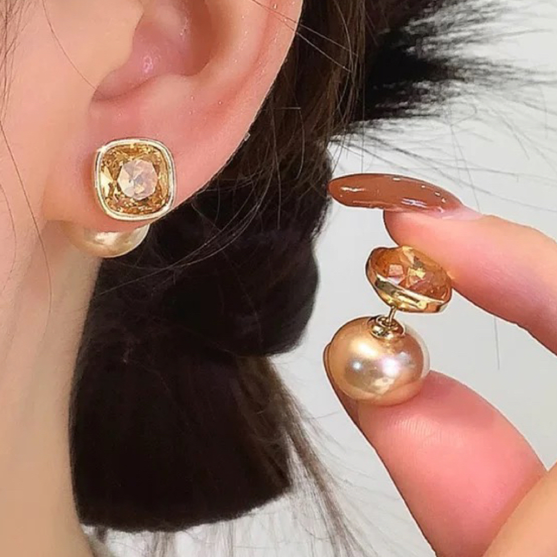 铜合金仿珍珠耳饰 香槟色锆石珍珠两戴耳钉法式轻奢复古气质耳饰