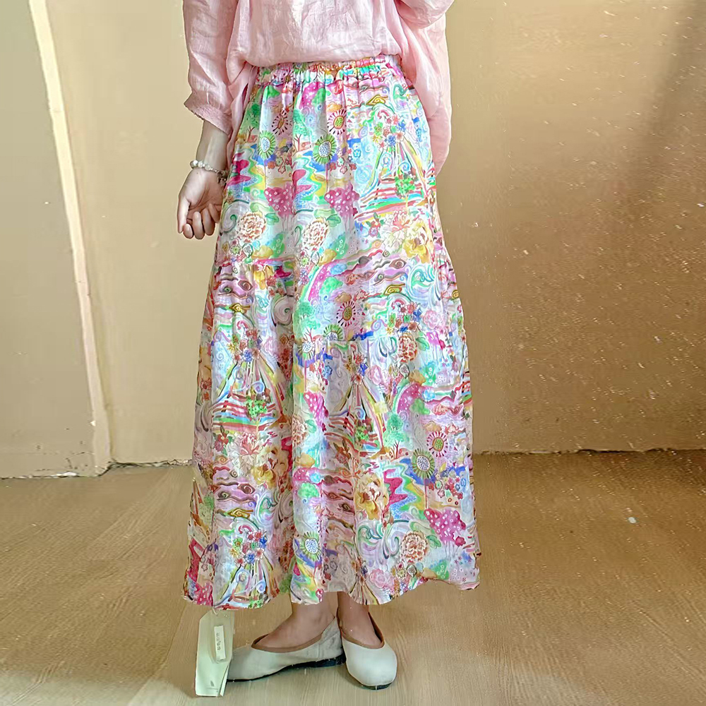 数码印花苎麻半身裙 复古油画感减龄中长裙  598TK