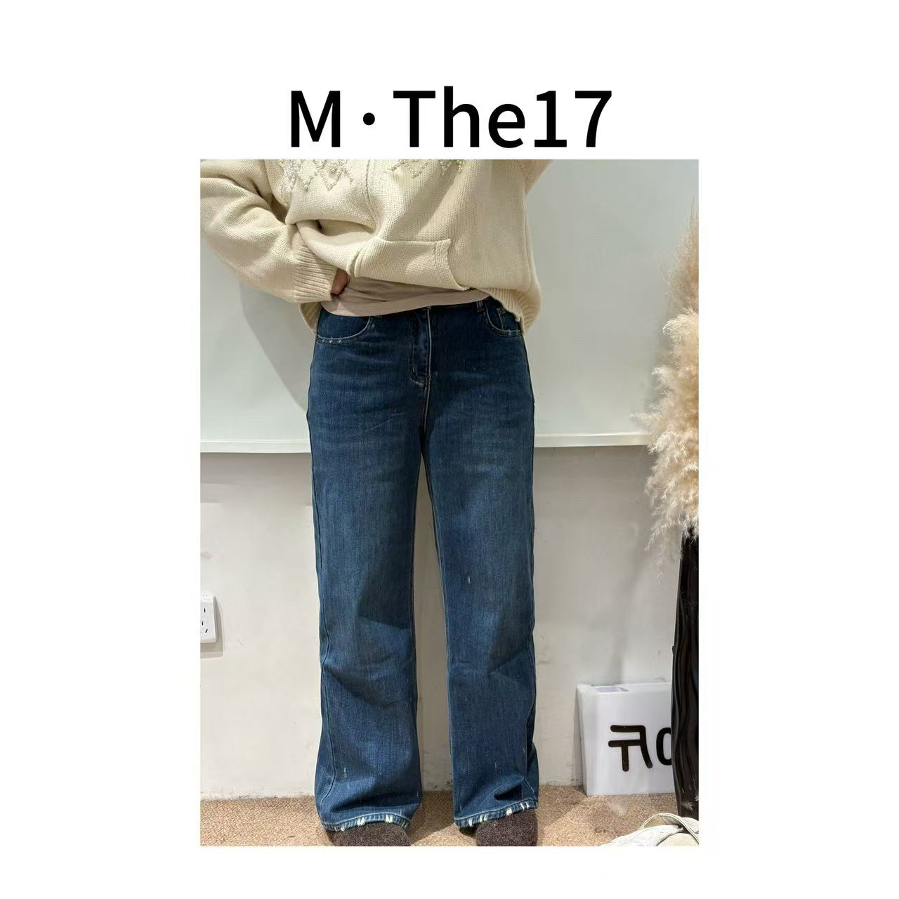 M•The17  2025冬季新款加绒复古高腰阔腿牛仔女宽松显瘦直筒长裤