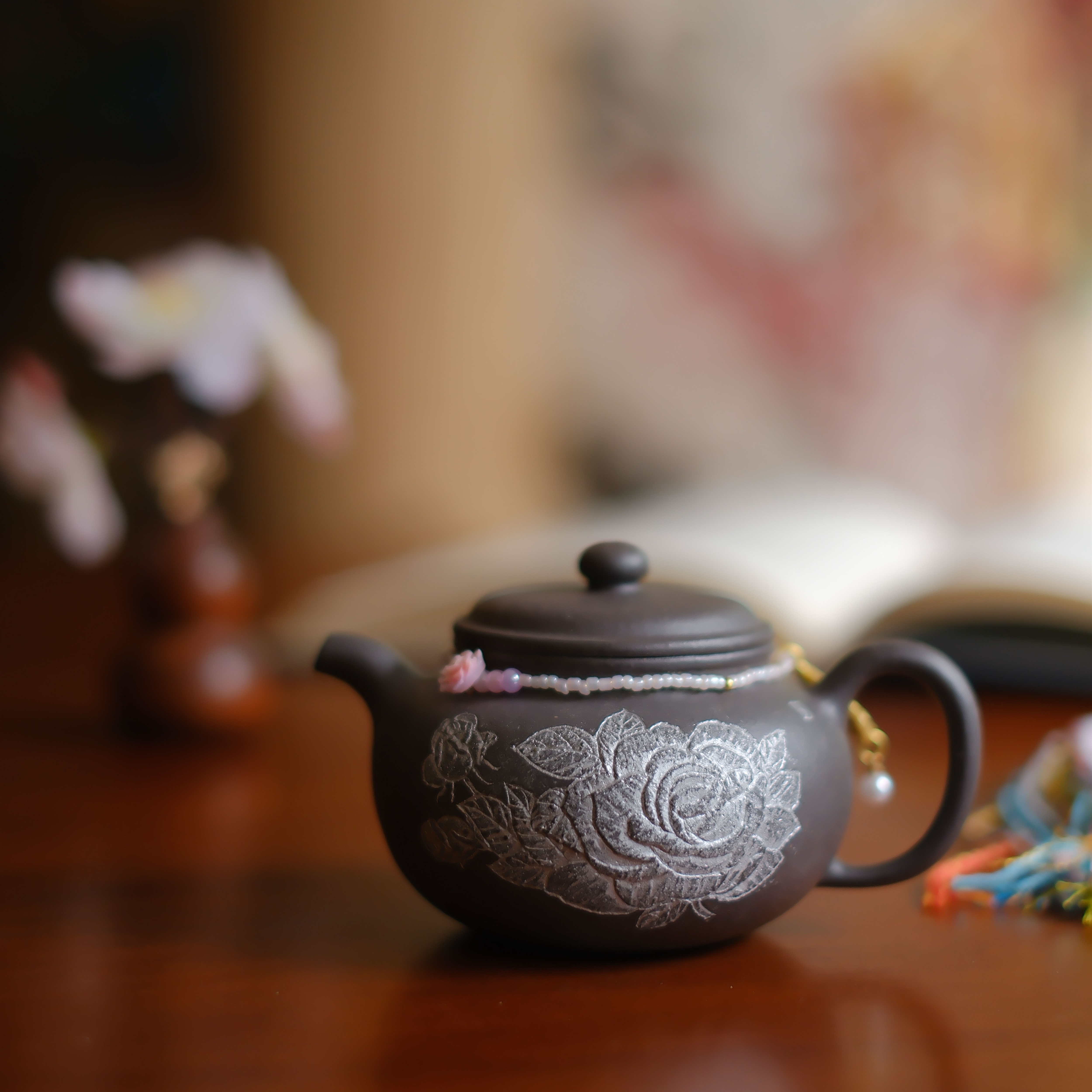 大碗茶器 【牡丹】宜兴手工泥绘原矿精工青灰段泡茶紫砂壶130c