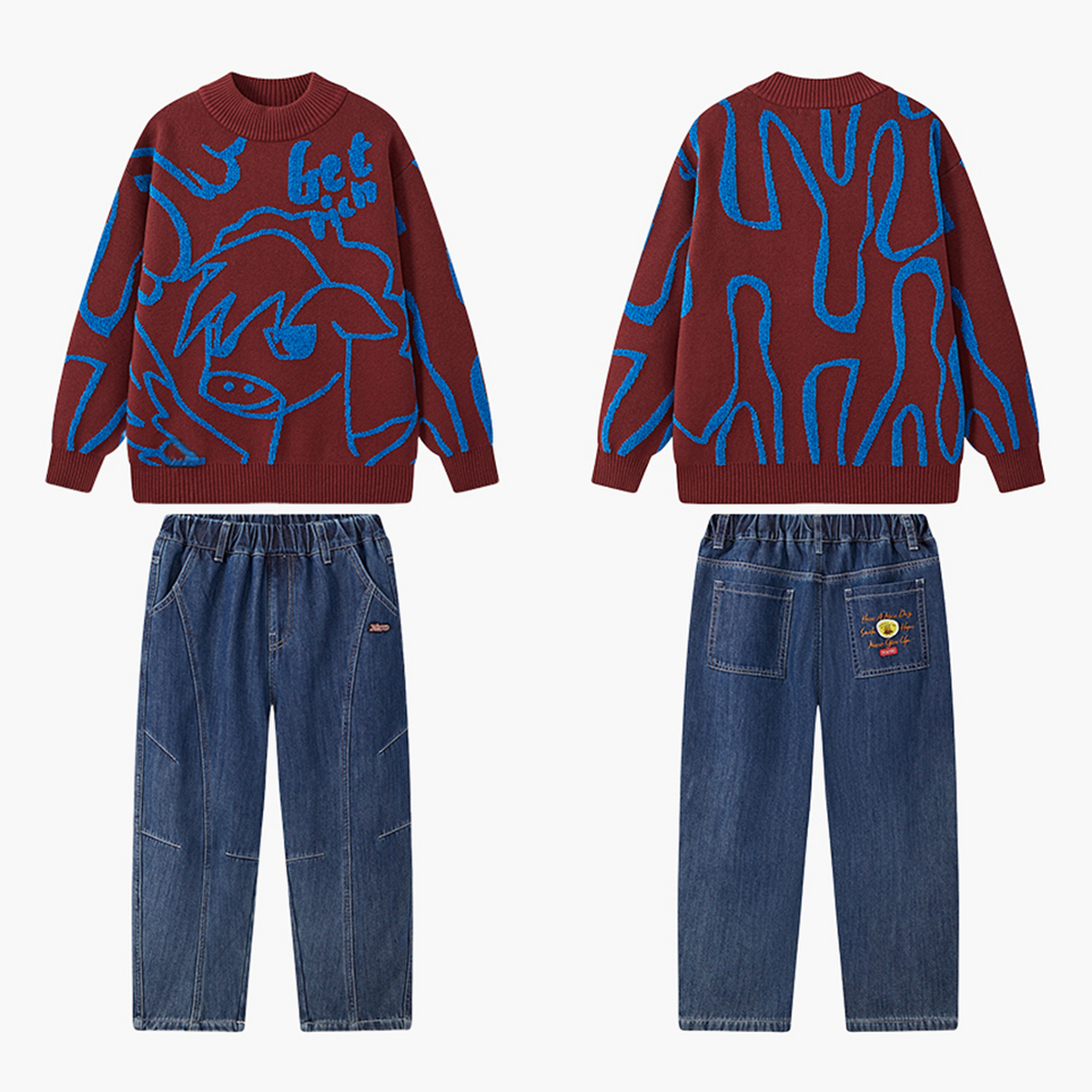 【拜年服】MQD男童25冬新款满版卡通氛围感半高领毛衣套装TCW0789