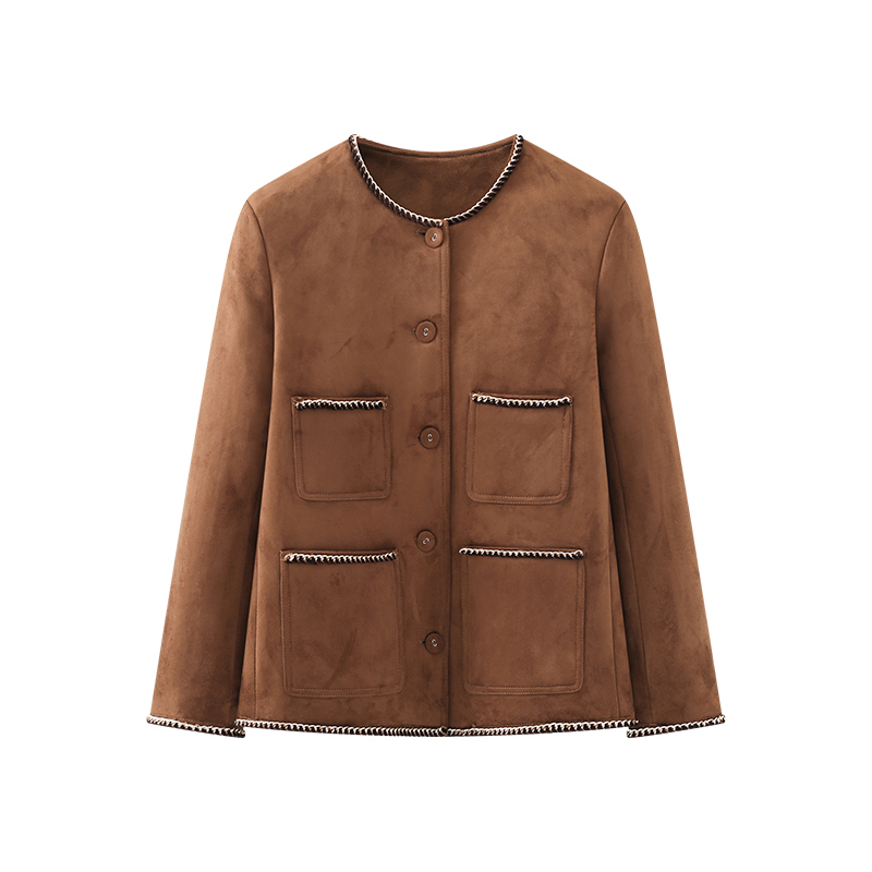 美拉德系！复古休闲圆领多口袋单排扣麂皮绒外套短款上衣
