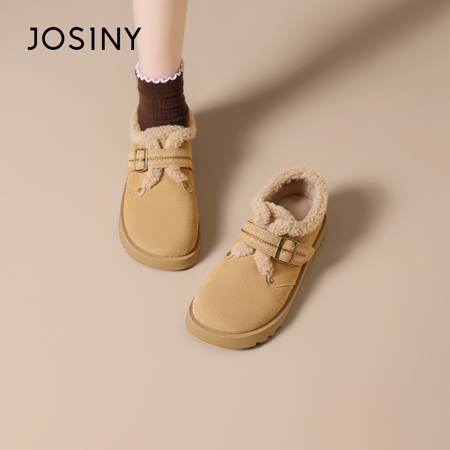 卓诗尼2025冬保暖加绒毛毛鞋女软底休闲时尚舒适雪地靴581A23765