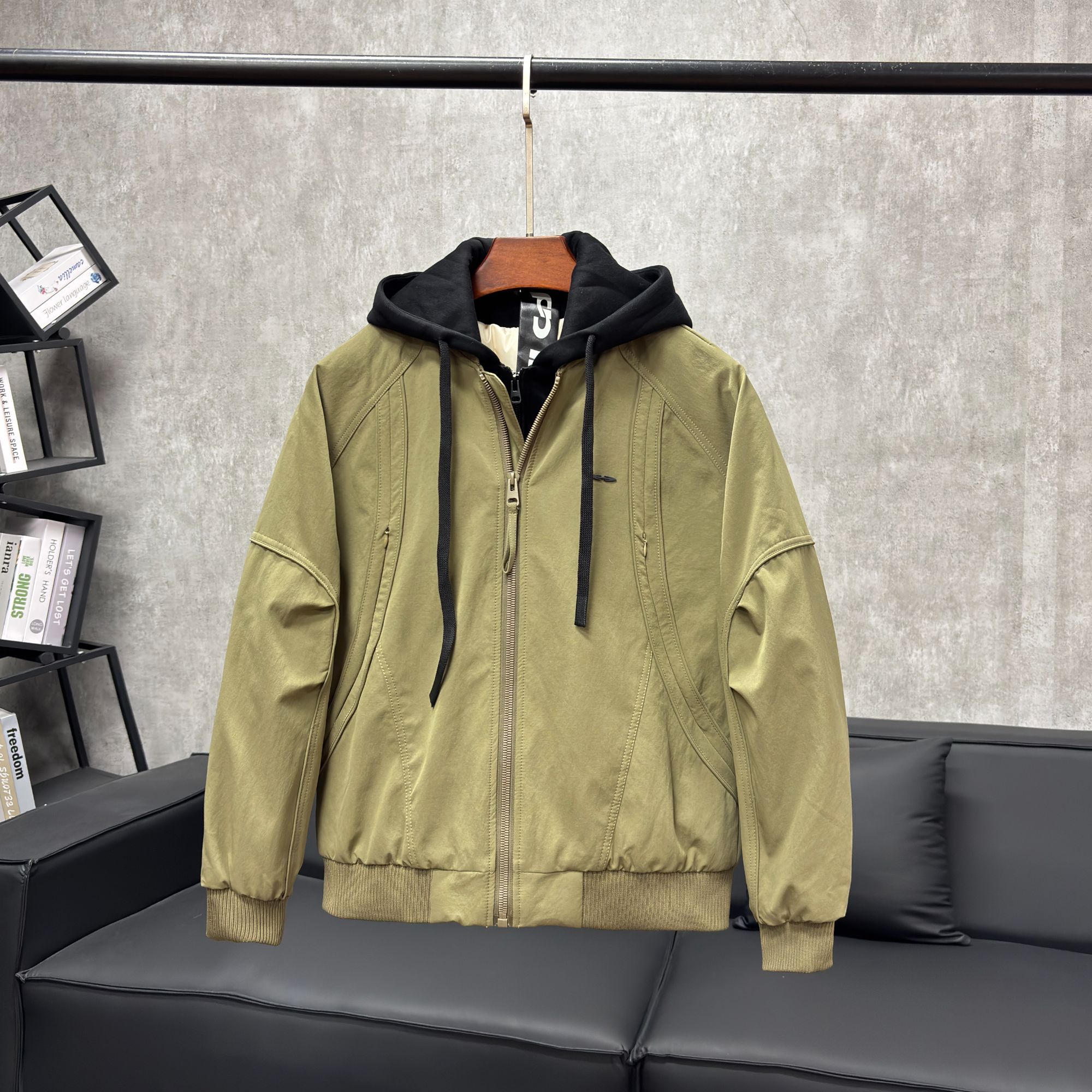 双旦冬季连帽拼接白鸭绒假两件男潮流痞帅宽松加厚休闲外套G1235